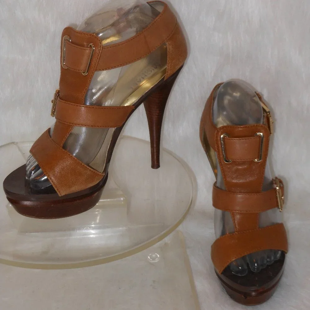 MICHAEL KORS TAN LEATHER STRAPPY HIGH HEEL SANDALS SIZE 8 MEDIUM - Picture 3 of 7